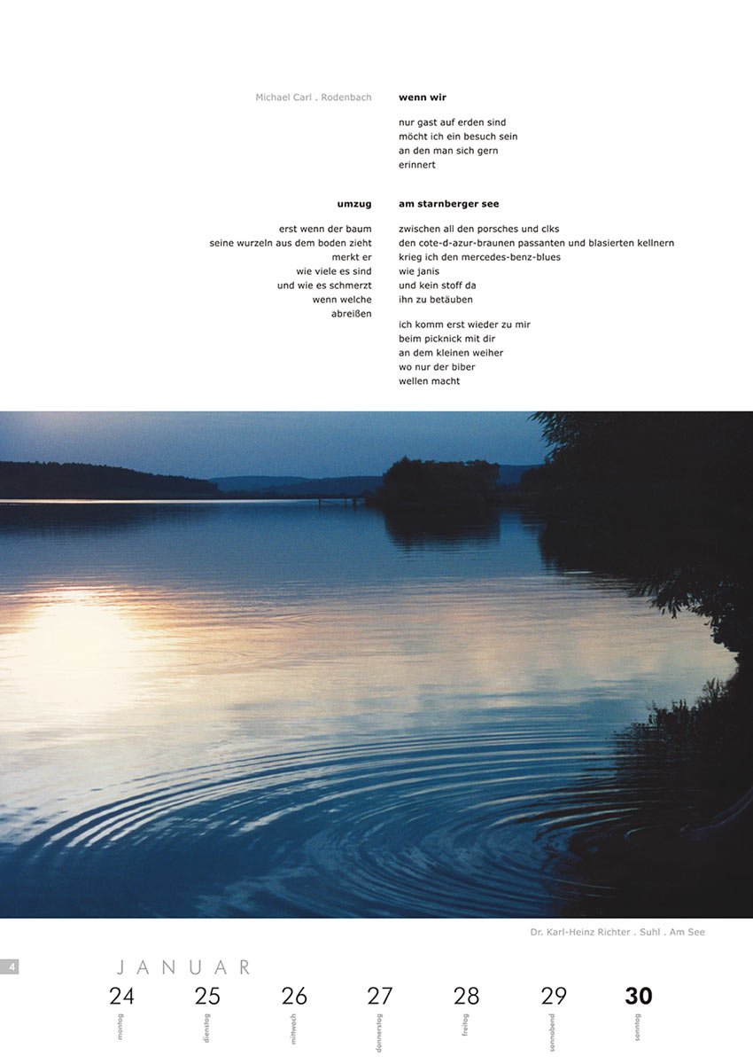 2004-Literaturkalender-Thueringer-Ansichten-2005-04 wenn wir, umzug, am starnberger see (Texte: Michael Carl) | Am See (Foto: Karl-Heinz Richter) . Literaturkalender Thüringer Ansichten 2005