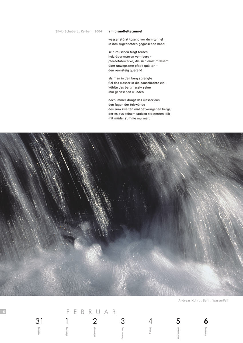 2004-Literaturkalender-Thueringer-Ansichten-2005-05 am brandleitetunnel (Text: Silvio Schubert) | Wasserfall (Foto: Andreas Kuhrt) . Literaturkalender Thüringer Ansichten 2005