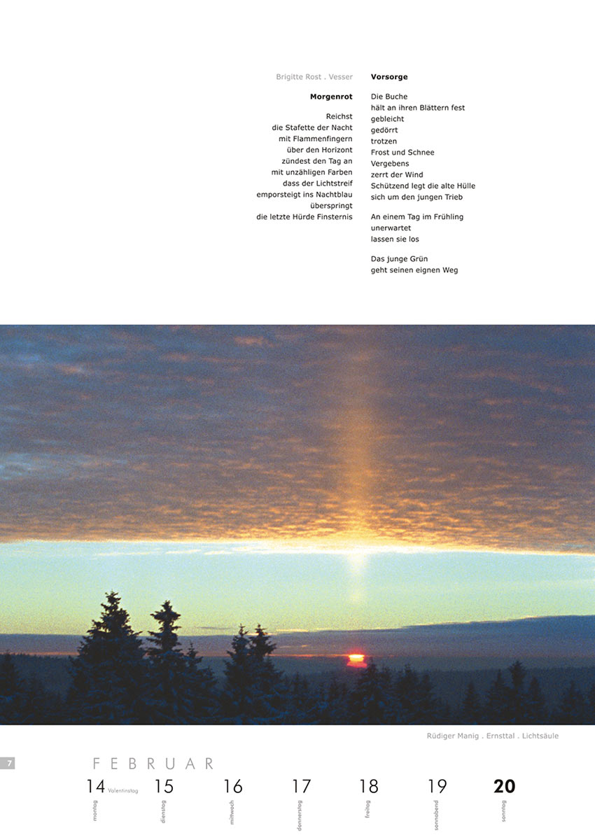 2004-Literaturkalender-Thueringer-Ansichten-2005-07 Morgenrot, Vorsorge (Texte: Brigitte Rost) | Lichtsäule (Foto: Rüdiger Manig) . Literaturkalender Thüringer Ansichten 2005