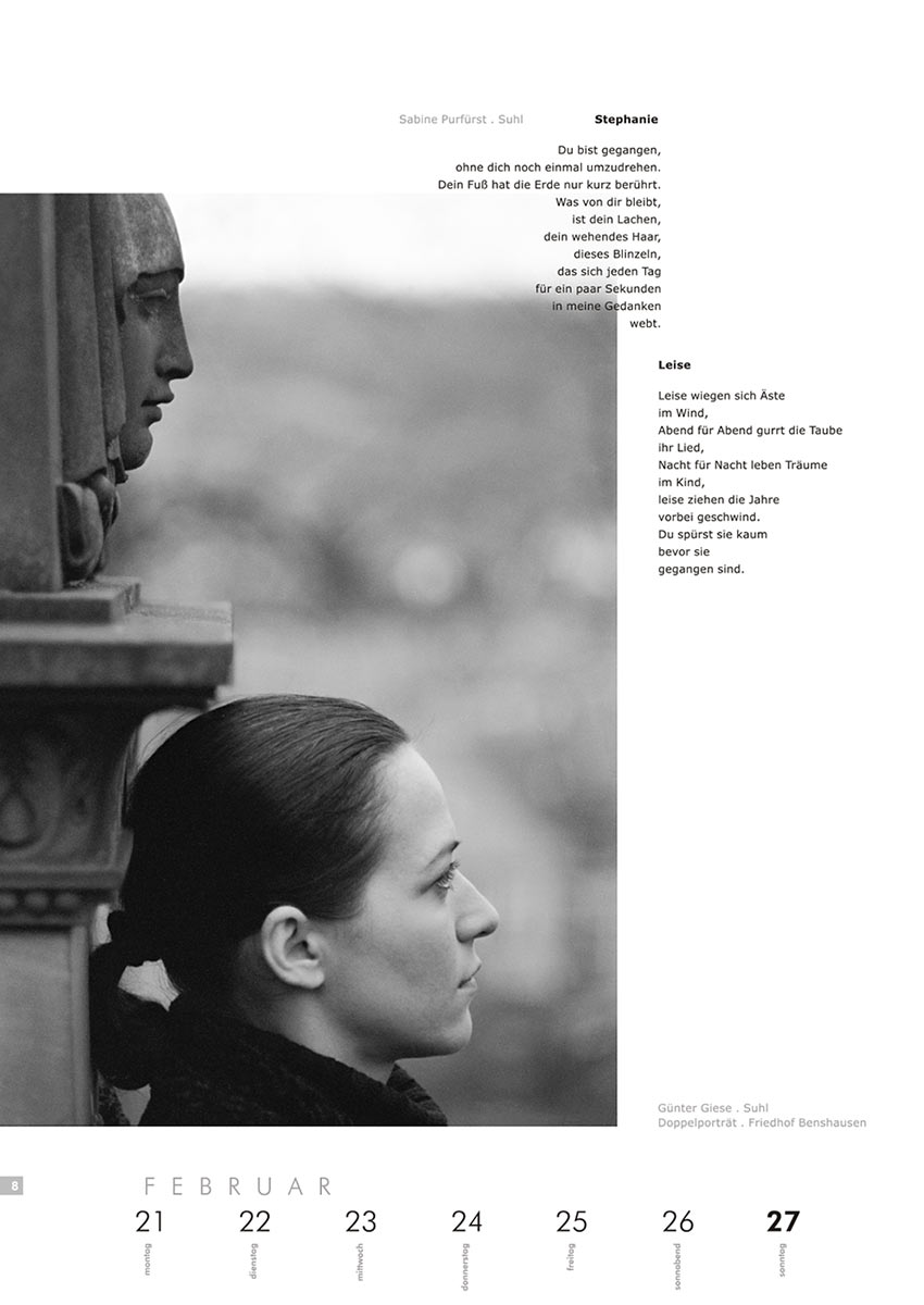 2004-Literaturkalender-Thueringer-Ansichten-2005-08 Stephanie, Leise (Texte: Sabine Purfürst) | Friedhof Benshausen (Foto: Günter Giese) . Literaturkalender Thüringer Ansichten 2005
