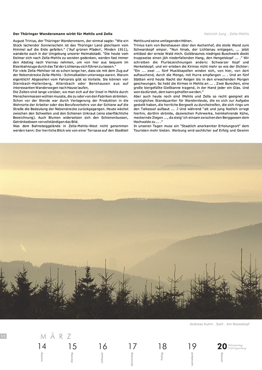 2004-Literaturkalender-Thueringer-Ansichten-2005-11 Der Thüringer Wandersmann wirbt für Mehlis und Zella (Text: Heinrich Jung) | Am Rosenkopf (Foto: Andreas Kuhrt) . Literaturkalender Thüringer Ansichten 2005