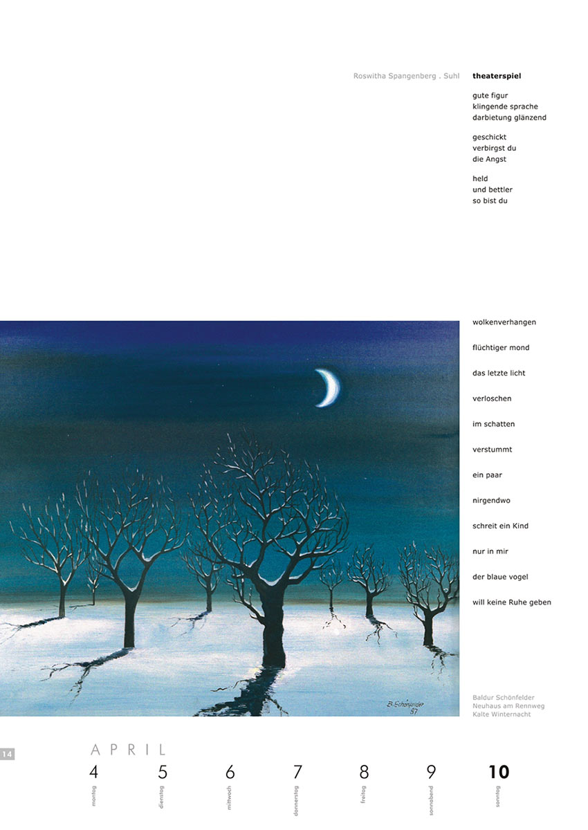 2004-Literaturkalender-Thueringer-Ansichten-2005-14 Theaterspiel (Text: Roswitha Spangenberg) | Kalte Winternacht (Bild: Baldur Schönfelder) . Literaturkalender Thüringer Ansichten 2005
