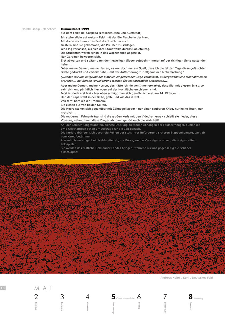 2004-Literaturkalender-Thueringer-Ansichten-2005-18 Himmelfahrt 1999 (Text: Harald Lindig) | Deutsches Feld (Foto: Andreas Kuhrt) . Literaturkalender Thüringer Ansichten 2005
