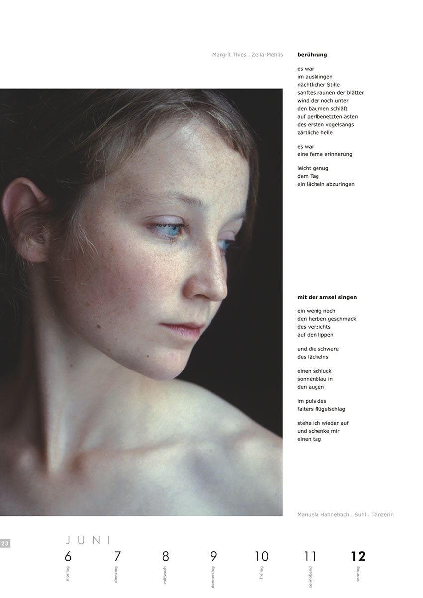2004-Literaturkalender-Thueringer-Ansichten-2005-23 Berührung, Mit der Amsel singen (Texte: Margrit Thies) | Tänzerin (Foto: Manuela Hahnebach) . Literaturkalender Thüringer Ansichten 2005