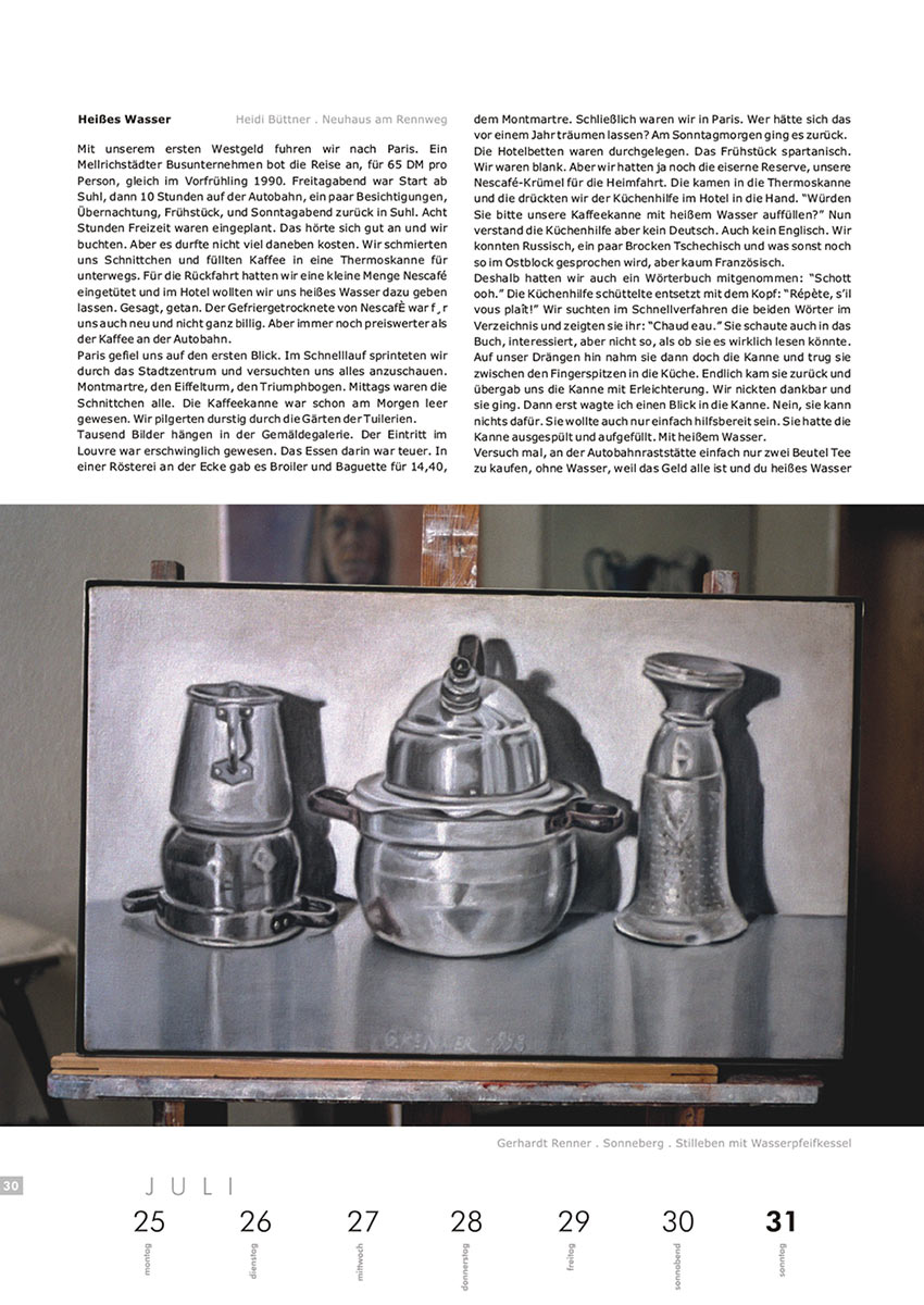 2004-Literaturkalender-Thueringer-Ansichten-2005-30 Heißes Wasser (Text: Heidi Büttner) | Stilleben mit Wasserpfeifkessel (Bild: Gerhard Renner) . Literaturkalender Thüringer Ansichten 2005