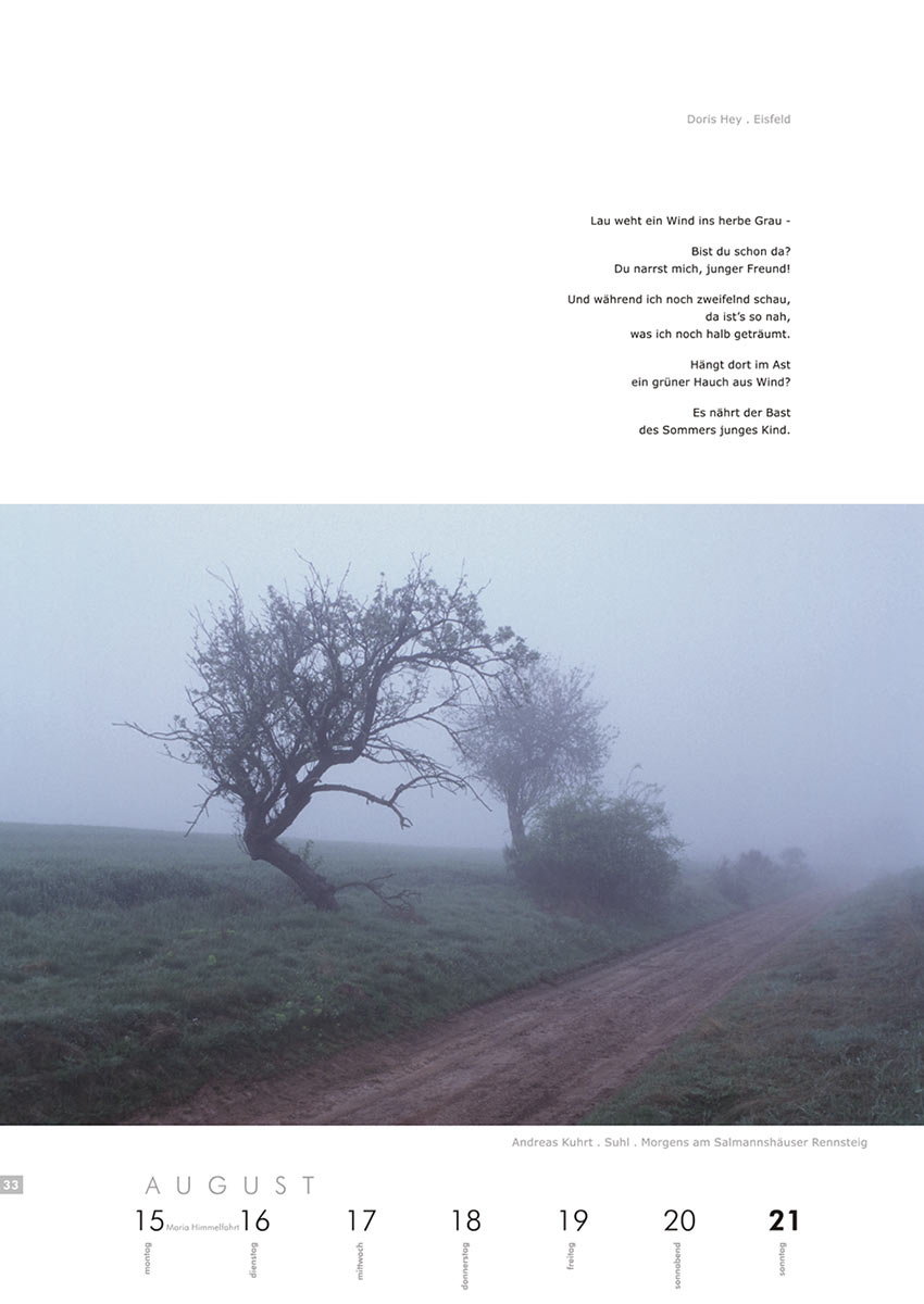 2004-Literaturkalender-Thueringer-Ansichten-2005-33 Lau weht ein Wind... (Text: Doris Hey) | Morgens am Sallmannshäuser Rennsteig (Foto: Andreas Kuhrt) . Literaturkalender Thüringer Ansichten 2005