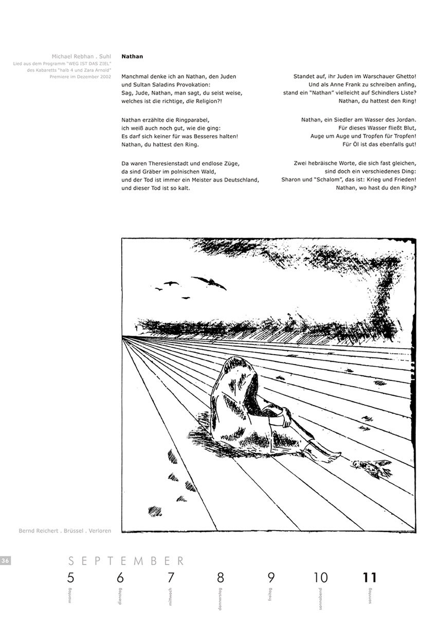 2004-Literaturkalender-Thueringer-Ansichten-2005-36 Nathan (Text: Michael Rebhan) | Verloren (Grafik: Bernd Reichert) . Literaturkalender Thüringer Ansichten 2005