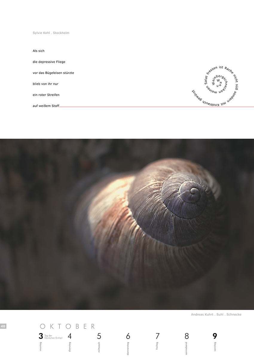 2004-Literaturkalender-Thueringer-Ansichten-2005-40 Als sich..., Wenn Weinbergschnecken... (Texte: Sylvie Kohl) | Schnecke (Foto: Andreas Kuhrt) . Literaturkalender Thüringer Ansichten 2005