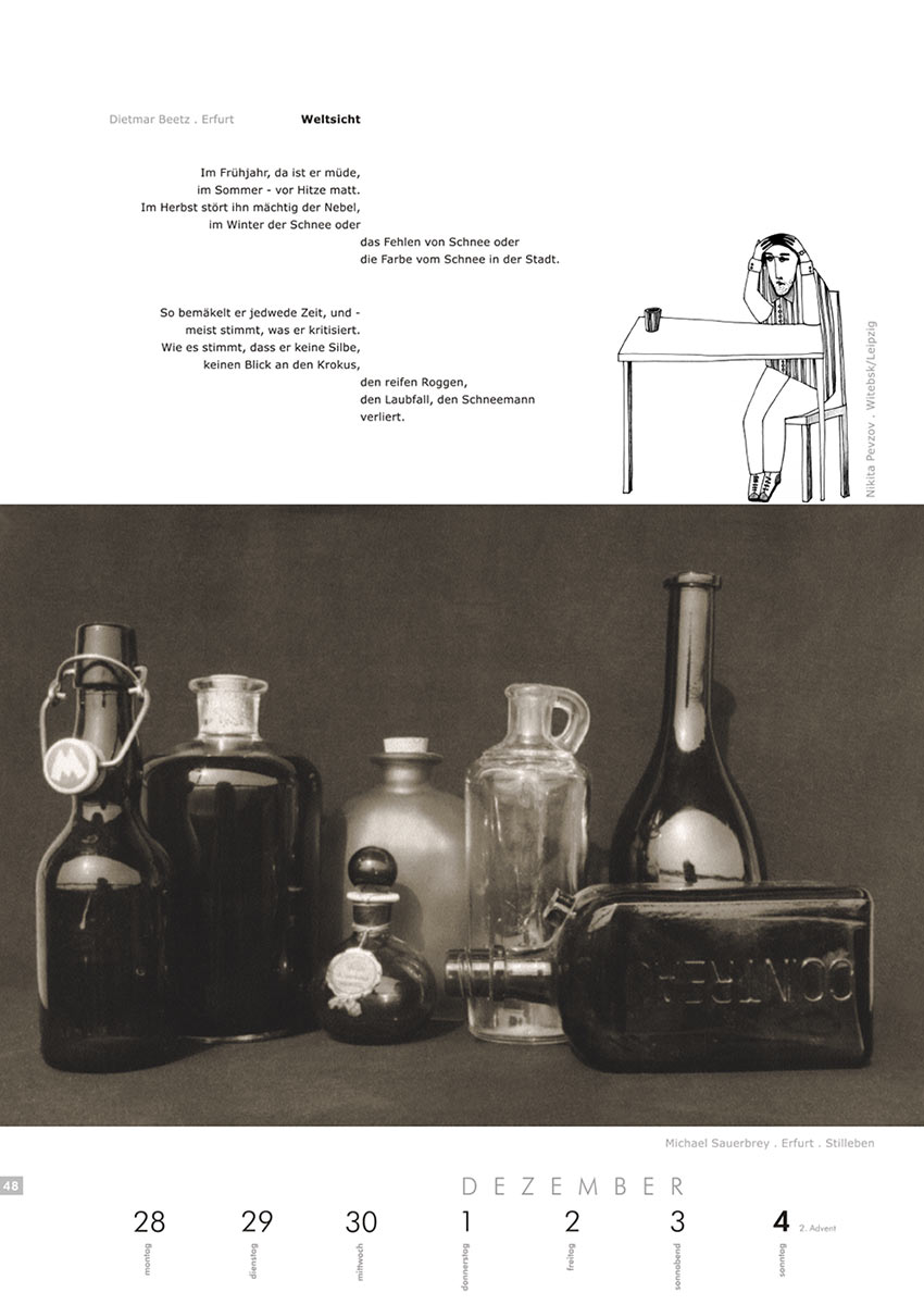 2004-Literaturkalender-Thueringer-Ansichten-2005-48 Weltsicht (Text: Dietmar Baetz) | (Grafik: Nikita Pevzov) | Stilleben (Foto: Michael Sauerbrey) . Literaturkalender Thüringer Ansichten 2005