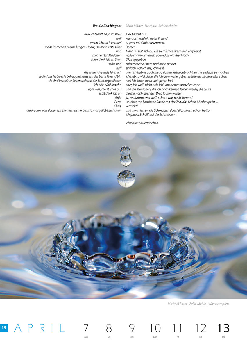 2007-Literaturkalender-Thueringer-Ansichten-2008-15 Wo die Zeit hingeht (Text: Silvio Mäder) | Wassertropfen (Foto: Michael Ritter) . Literaturkalender Thüringer Ansichten 2008