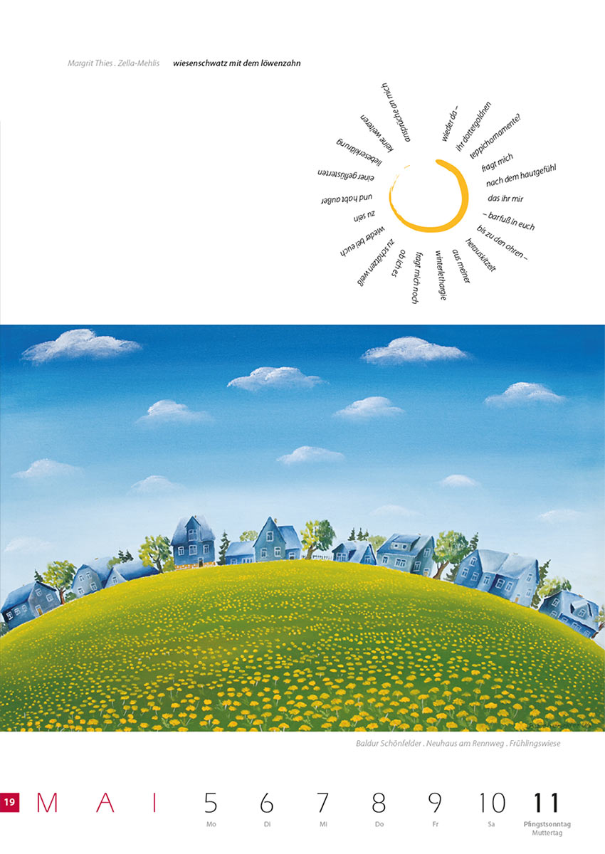 2007-Literaturkalender-Thueringer-Ansichten-2008-19 wiesenschwatz mit löwenzahn (Text: Margrit Thies) | Frühlingswiese (Bild: Baldur Schönfelder) . Literaturkalender Thüringer Ansichten 2008