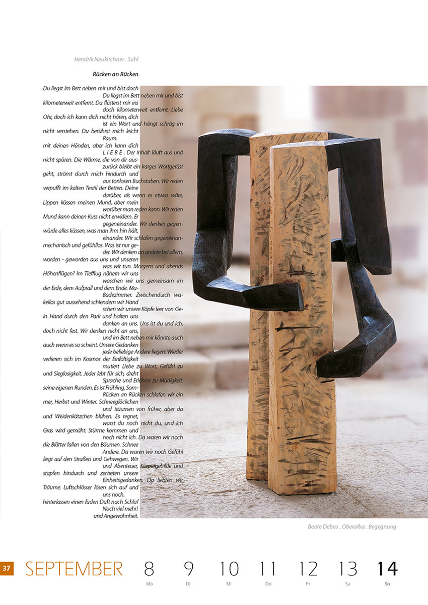 2007-Literaturkalender-Thueringer-Ansichten-2008-37 Rücken an Rücken (Text: Hendrik Neukirchner) | Begegnung (Skulptur: Beate Debus) . Literaturkalender Thüringer Ansichten 2008