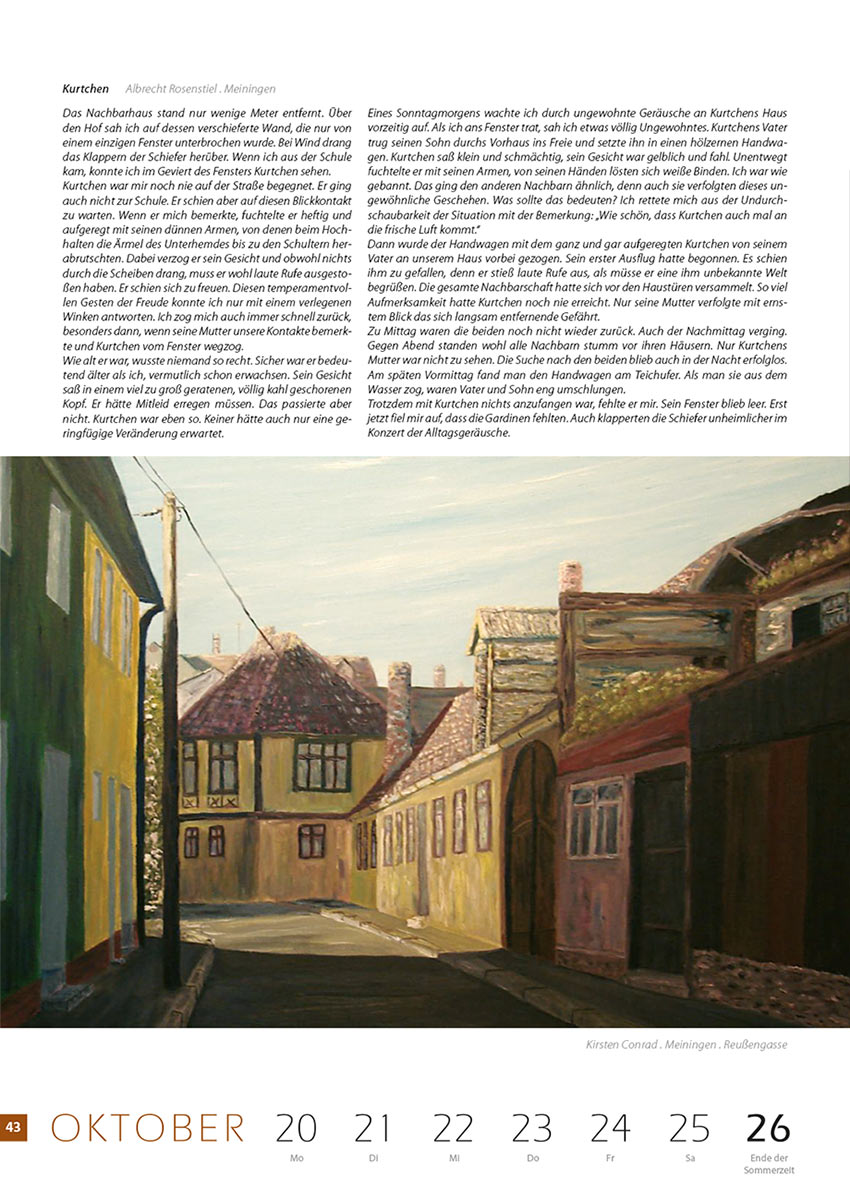 2007-Literaturkalender-Thueringer-Ansichten-2008-43 Kurtchen (Text: Albrecht Rosenstiel) | Reußengasse (Bild: Kirsten Conrad) . Literaturkalender Thüringer Ansichten 2008