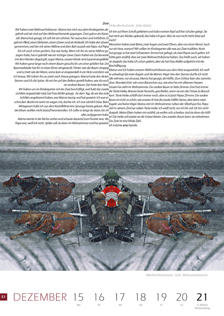 2007-Literaturkalender-Thueringer-Ansichten-2008-51 Zwei (Text: Ulrike Blechschmidt) | Weihnachtskutsche (Foto: Manfred Hiersemann) . Literaturkalender Thüringer Ansichten 2008