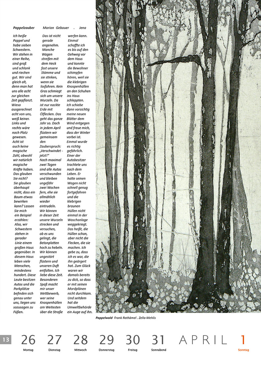 2011-Literaturkalender-Thueringer-Ansichten-2012-13 Pappelzauber (Text: Marion Gebauer) | Pappelwald (Grafik: Frank Rothämel) . Literaturkalender Thüringer Ansichten 2012