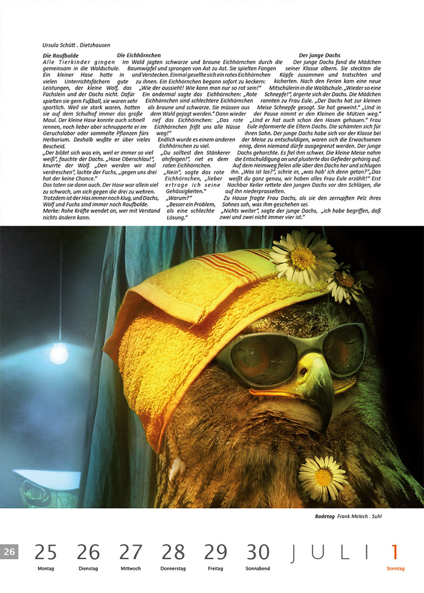 2011-Literaturkalender-Thueringer-Ansichten-2012-26 Die Raufbolde, Die Eichhörnchen, Der junge Dachs (Texte: Ursula Schütt) | Badetag (Fotocollage: Frank Melech) . Literaturkalender Thüringer Ansichten 2012