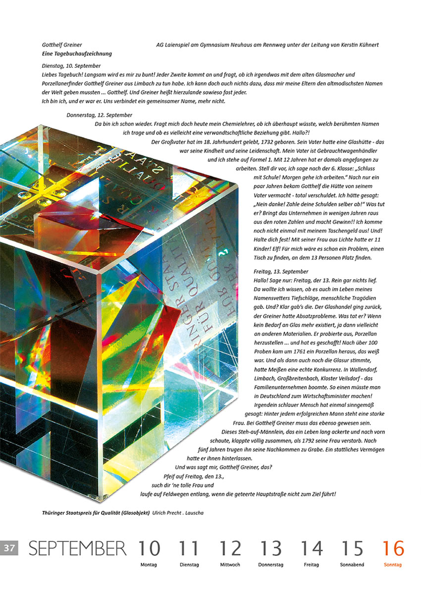 2011-Literaturkalender-Thueringer-Ansichten-2012-37 Gotthelf Greiner - eine Tagebuchaufzeichnung (Text: AG Laienspiel am Gymnasium Neuhaus am Rennweg) | Thüringer Staatspreis für Qualität (Glasobjekt: Ulrich Precht) . Literaturkalender Thüringer Ansichten 2012