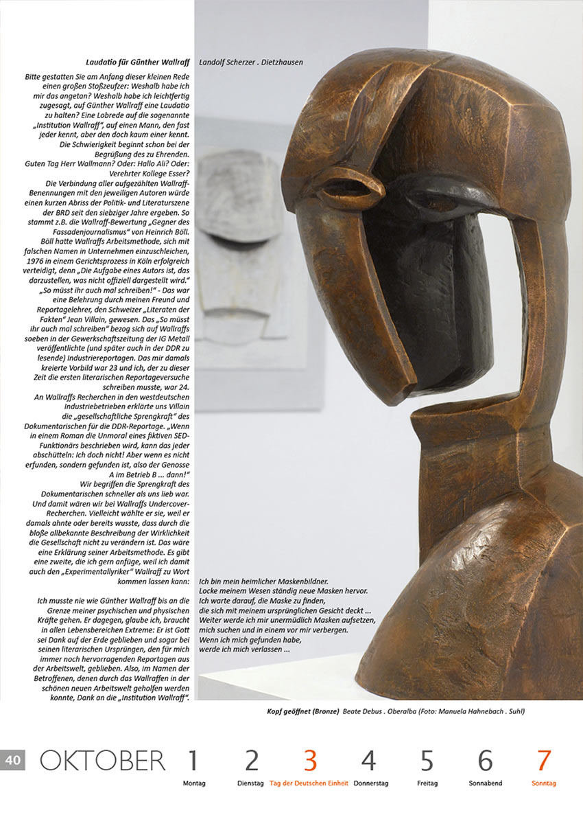 2011-Literaturkalender-Thueringer-Ansichten-2012-40 Laudatio für Günther Wallraff (Text: Landolf Scherzer) | Kopf geöffnet (Bronzeskulptur: Beate Debus) . Literaturkalender Thüringer Ansichten 2012