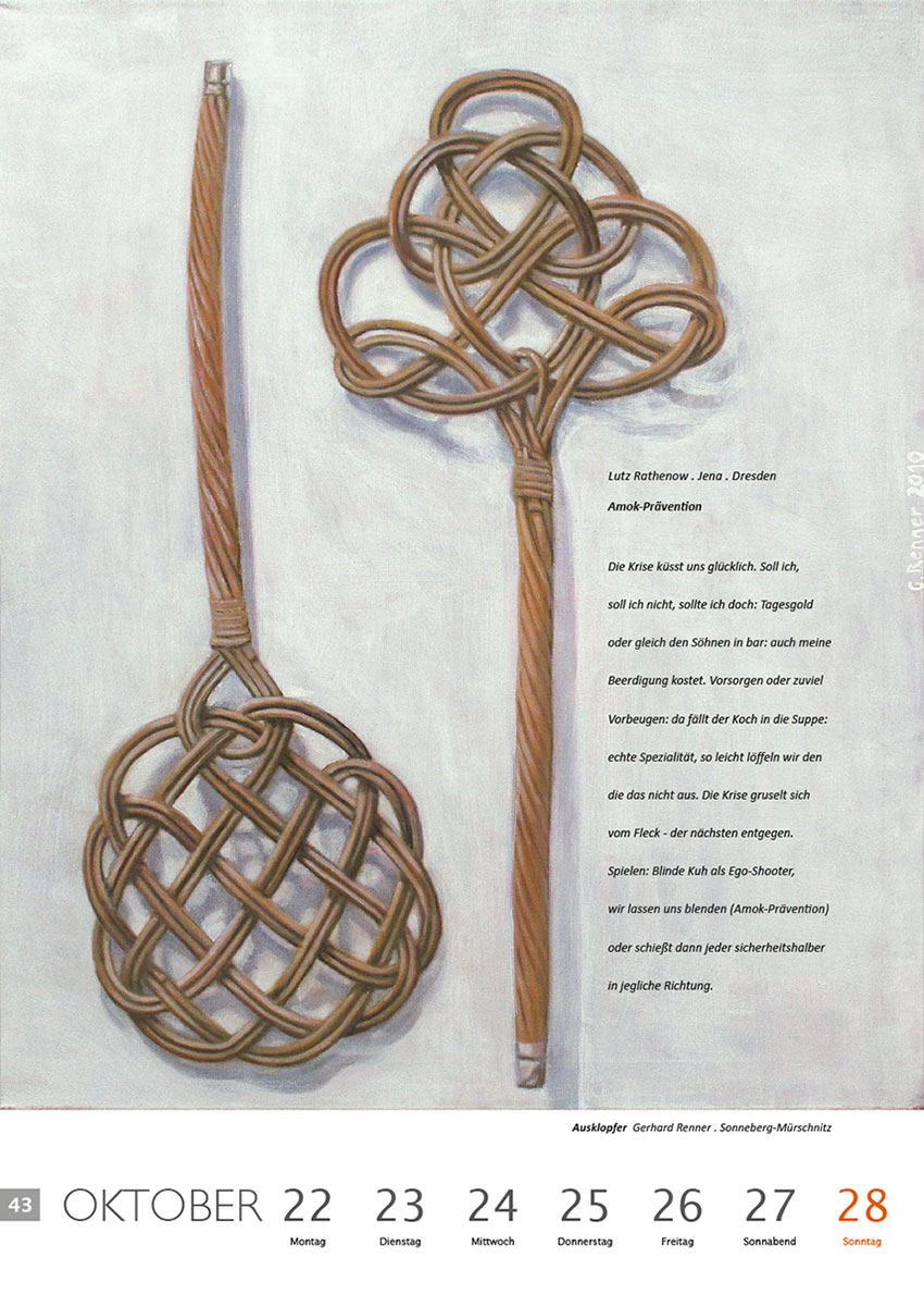 2011-Literaturkalender-Thueringer-Ansichten-2012-43 Amok-Prävention (Text: Lutz Rathenow) | Ausklopfer (Bild: Gerhard Renner) . Literaturkalender Thüringer Ansichten 2012