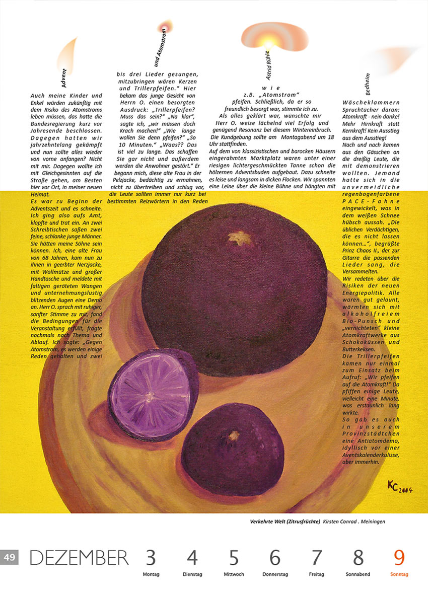 2011-Literaturkalender-Thueringer-Ansichten-2012-49 Advent und Atomstrom (Text: Astrid Rühle) | Verkehrte Welt (Zitrusfrüchte) (Bild: Kirsten Conrad) . Literaturkalender Thüringer Ansichten 2012