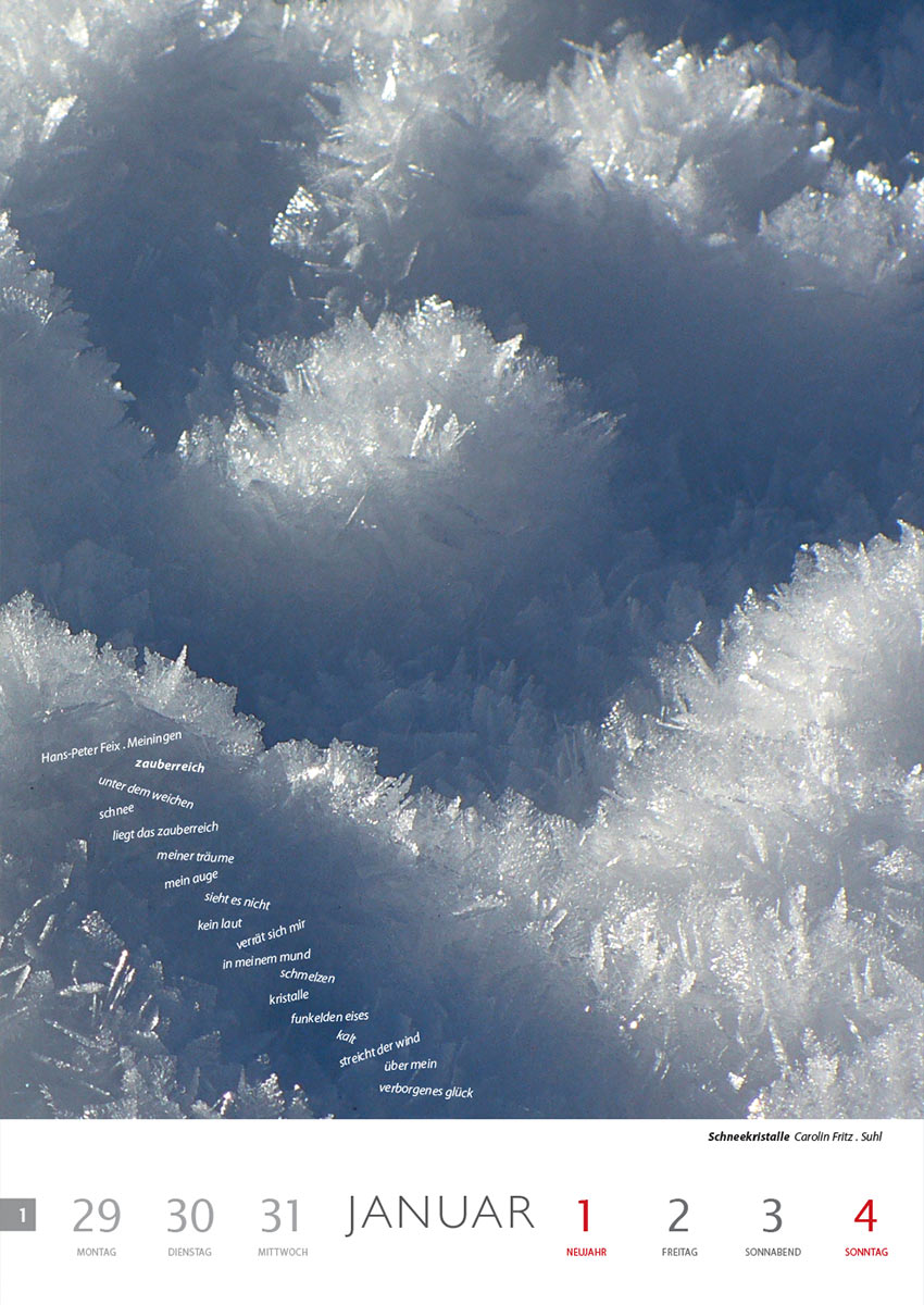 zauberreich (Text: Hans-Peter Feix) | Schneekristalle (Foto: Carolin Fritz) . Literaturkalender Thüringer Ansichten 2015