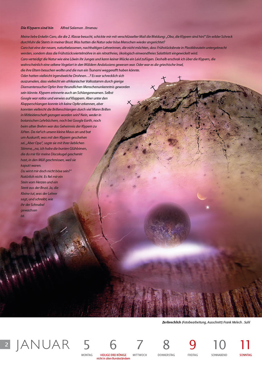 Die Klypern sind hin (Text: Alfred Salamon) | Zerbrechlich (Fotocollage: Frank Melech) . Literaturkalender Thüringer Ansichten 2015