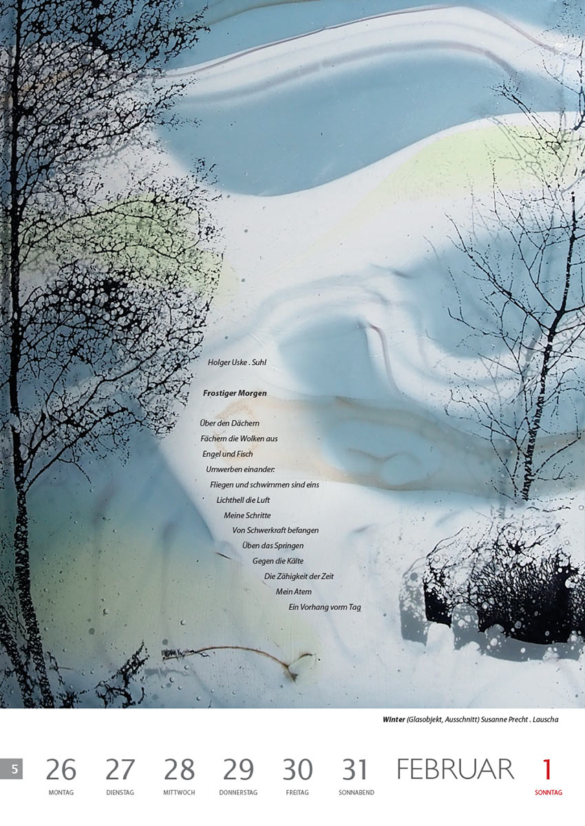 Frostiger Morgen (Text: Holger Uske) | Winter (Glasobjekt: Susanne Precht) . Literaturkalender Thüringer Ansichten 2015