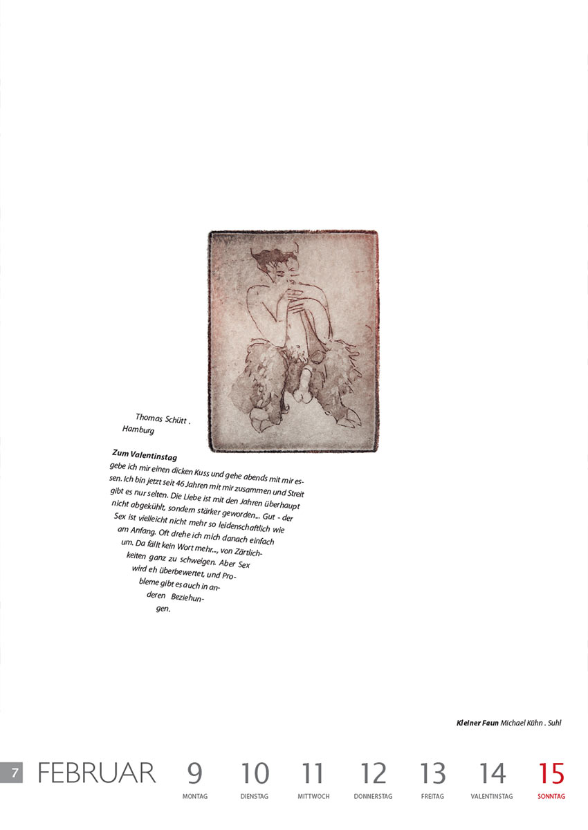 Zum Valentinstag (Text: Thomas Schütt) | Kleiner Faun (Grafik: Michael Kühn) . Literaturkalender Thüringer Ansichten 2015