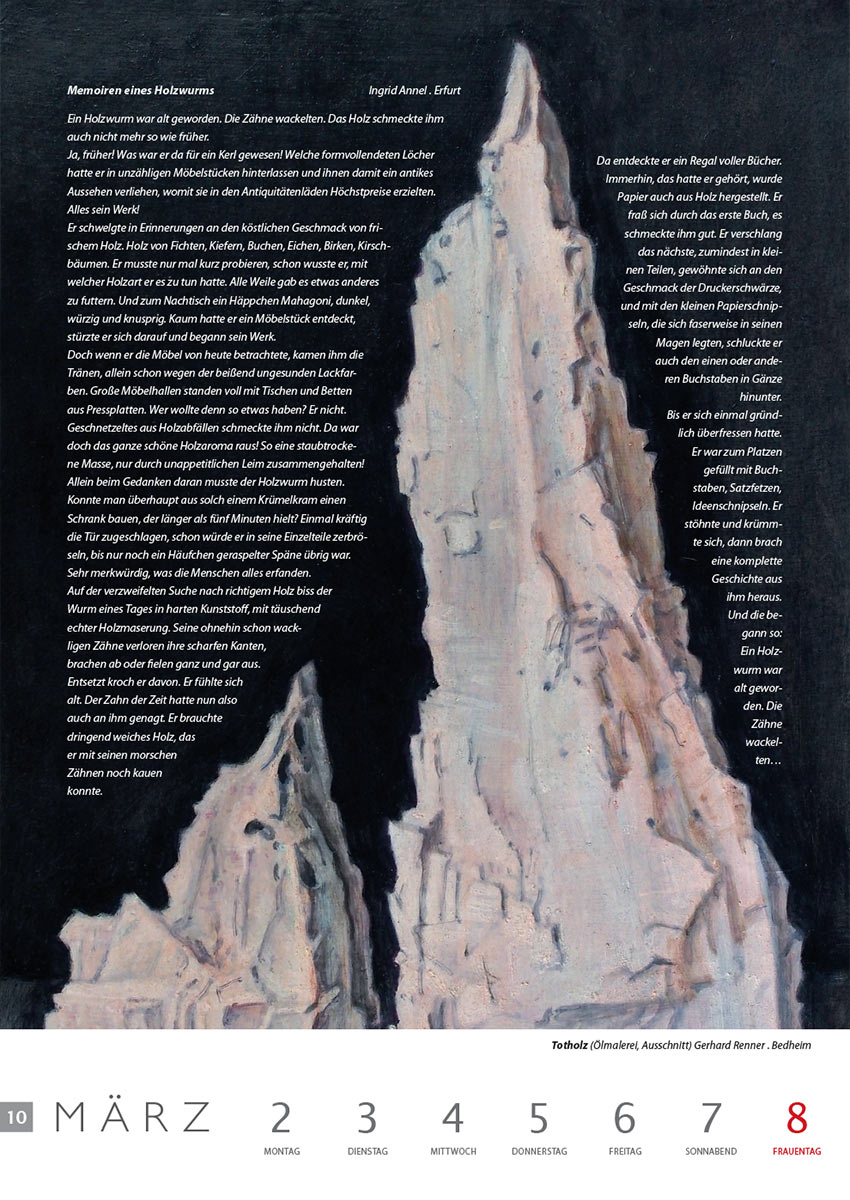 Memoiren eines Holzwurms (Text: Ingrid Annel) | Totholz (Bild: Gerhard Renner) . Literaturkalender Thüringer Ansichten 2015