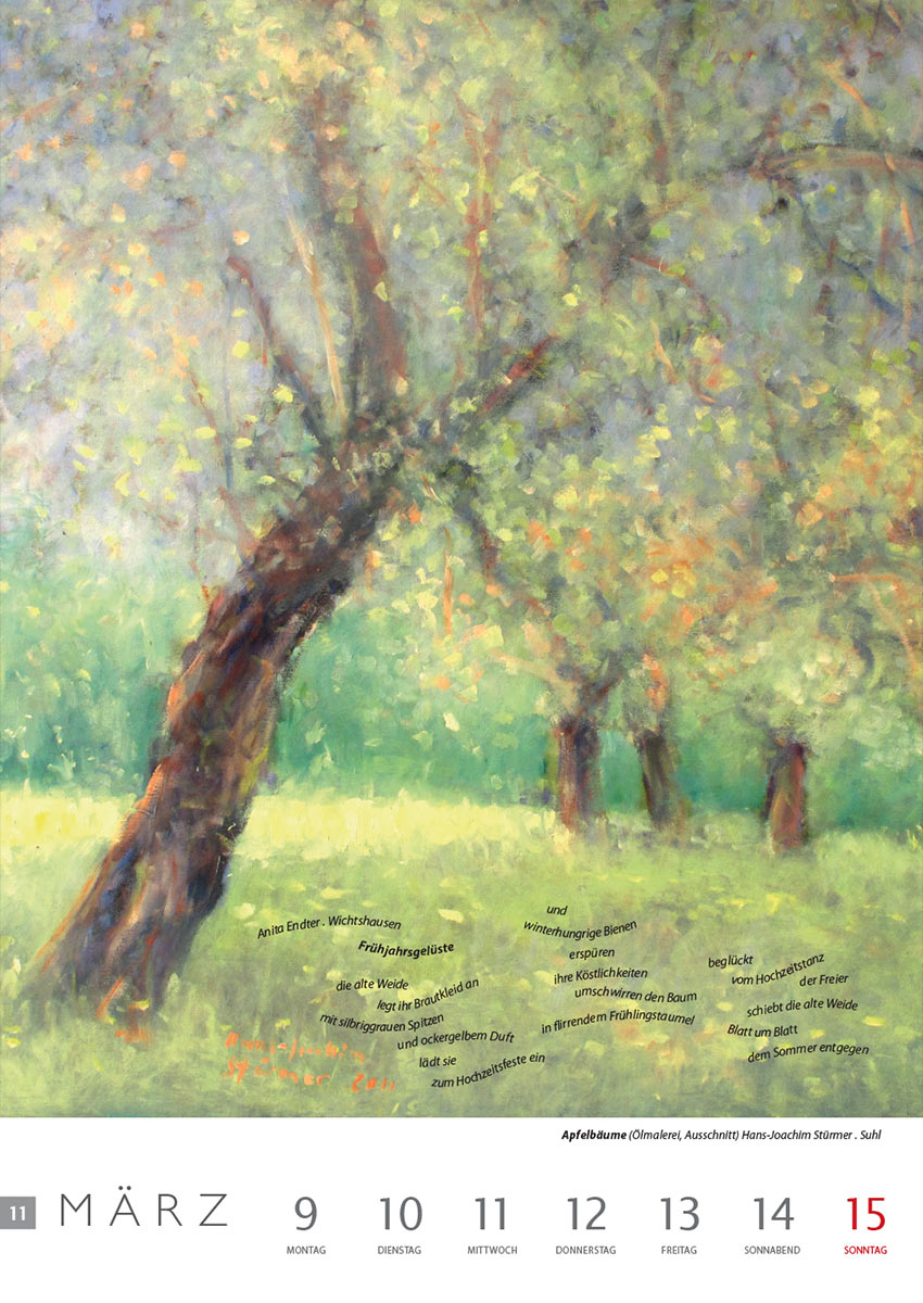Frühjahrsgelüste (Text: Anita Endter) | Apfelbäume (Bild: Hans-Joachim Stürmer) . Literaturkalender Thüringer Ansichten 2015
