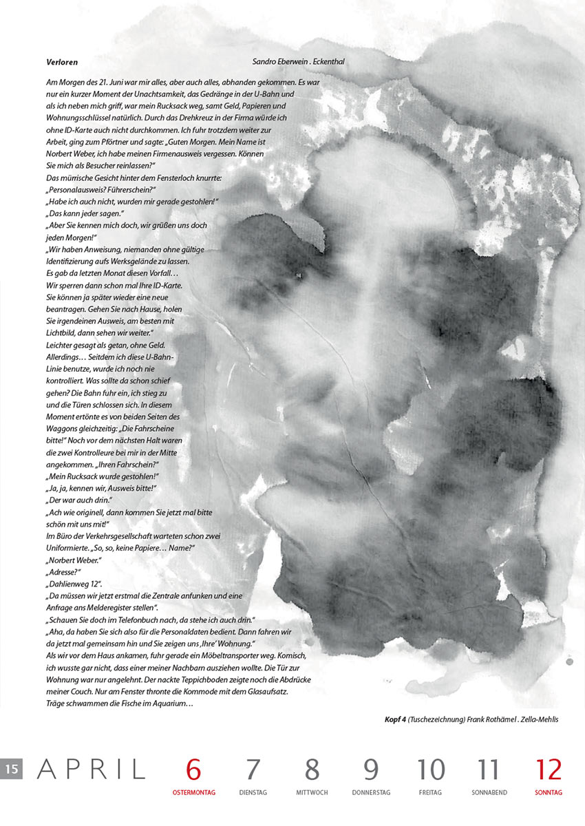 Verloren (Text: Sandro Eberwein) | Kopf 4 (Bild: Frank Rothämel) . Literaturkalender Thüringer Ansichten 2015