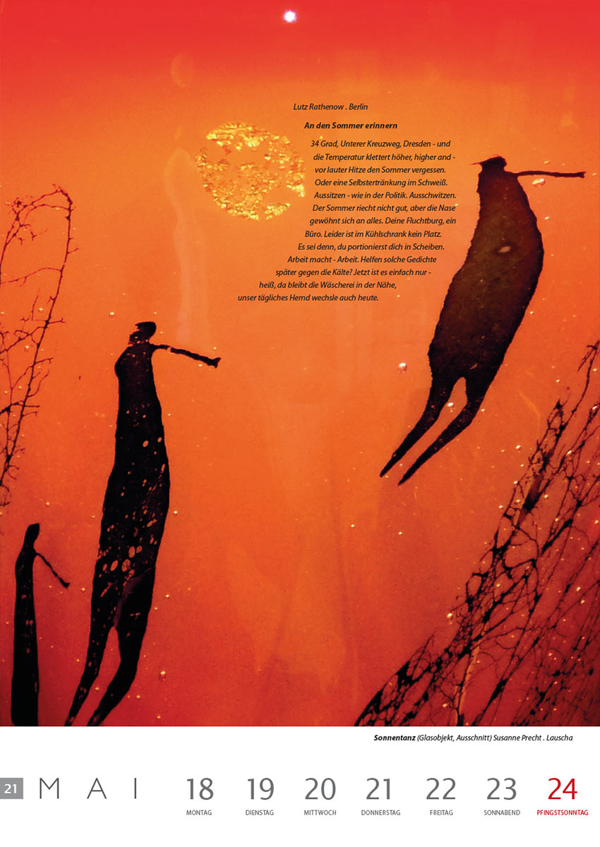 An den Sommer erinnern (Text: Lutz Rathenow) | Sonnentanz (Glasobjekt: Susanne Precht) . Literaturkalender Thüringer Ansichten 2015