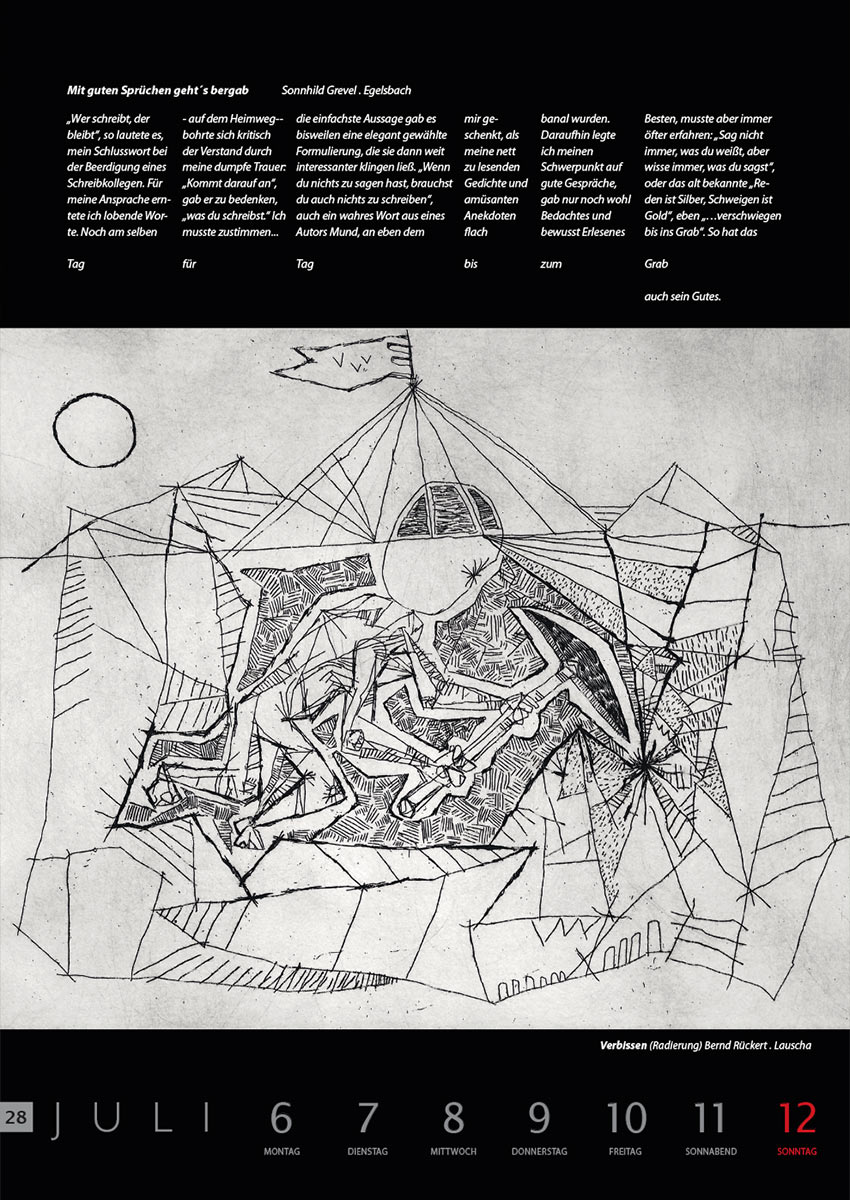 Mit guten Sprüchen geht's bergab (Text: Sonnhild Grevel) | Verbissen (Grafik: Bernd Rückert) . Literaturkalender Thüringer Ansichten 2015