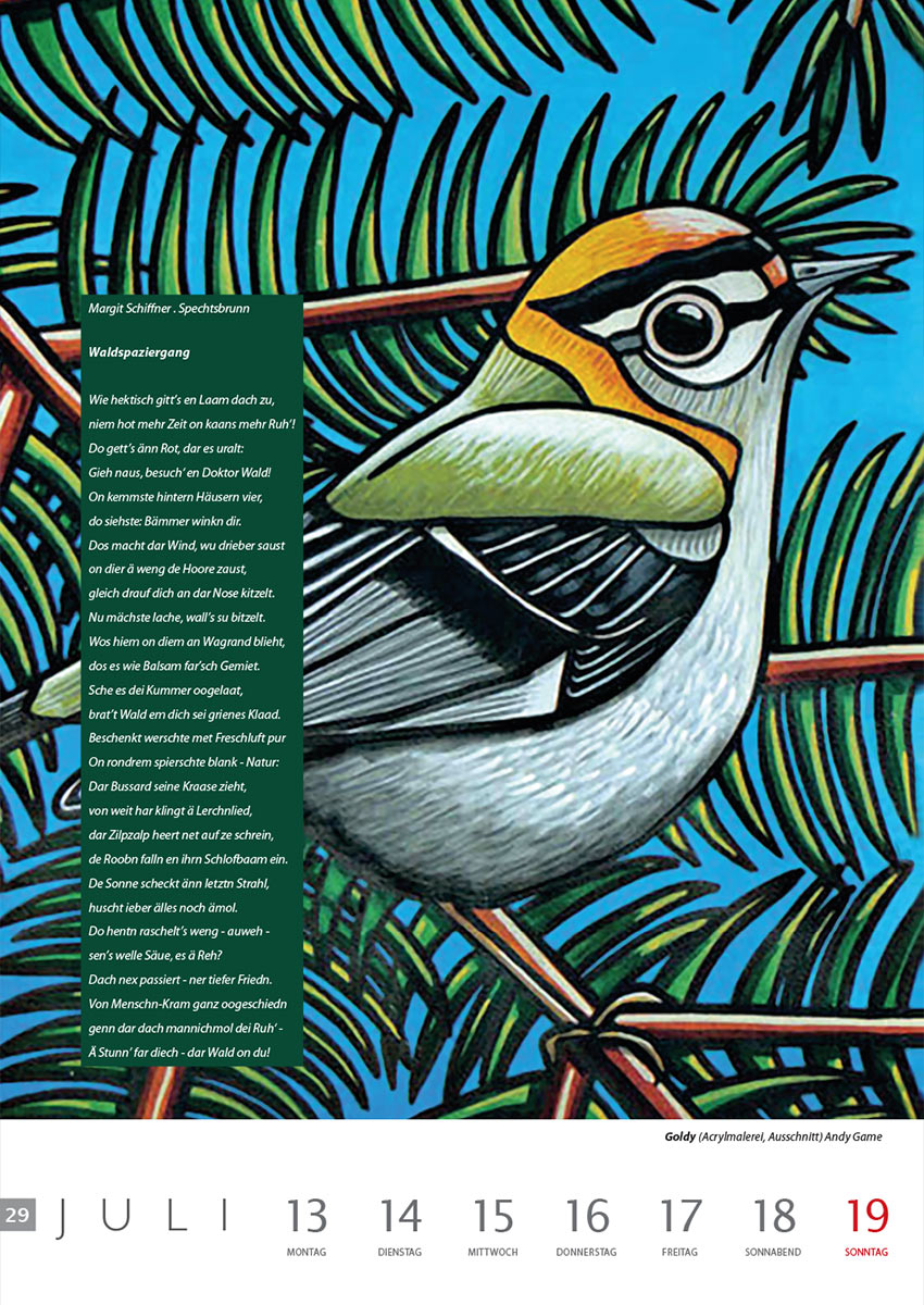 Waldspaziergang (Text: Margit Schiffner) | Goldy (Bild: Andy Game) . Literaturkalender Thüringer Ansichten 2015