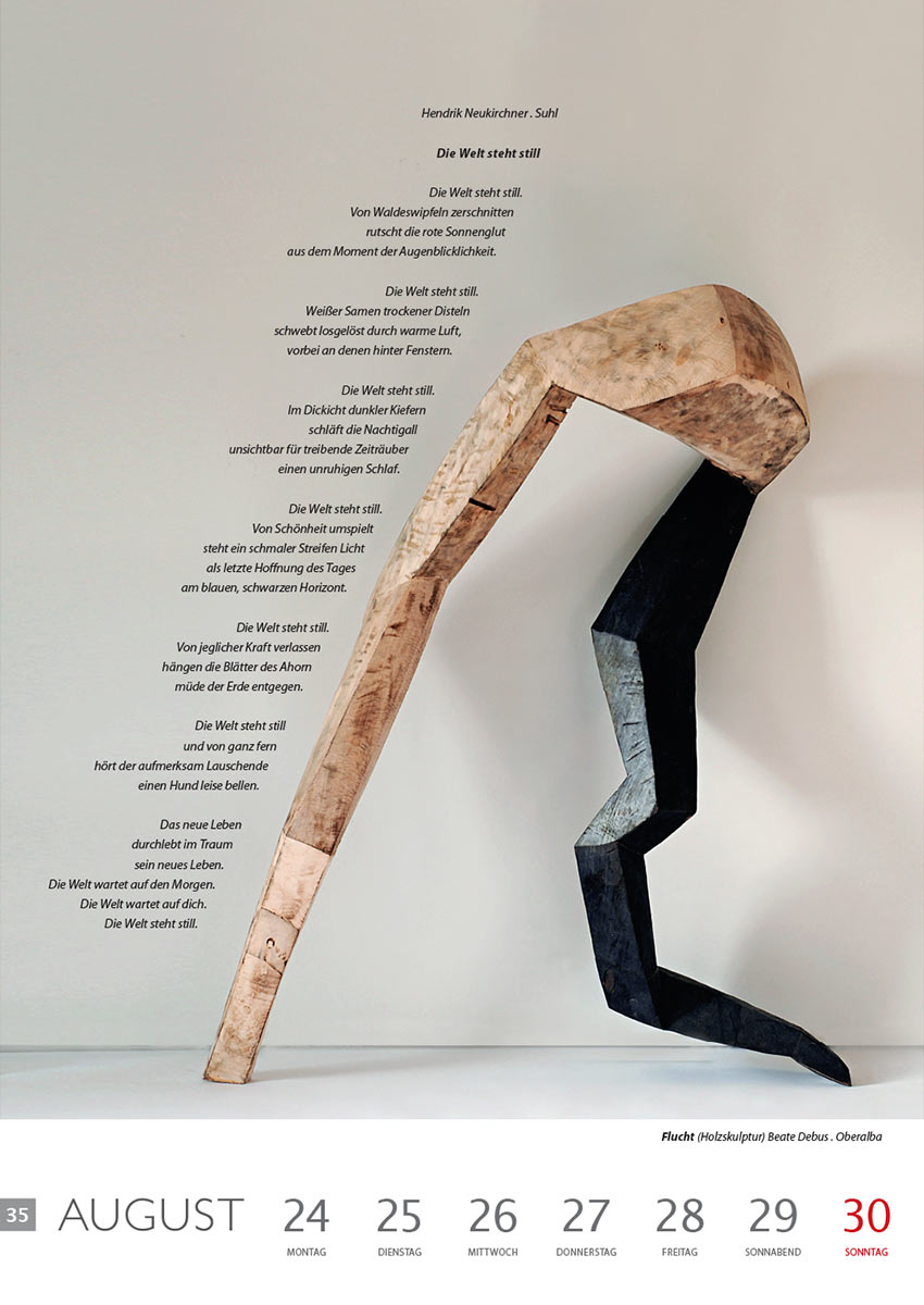 Die Welt steht still (Text: Hendrik Neukirchner) | Flucht (Skulptur: Beate Debus) . Literaturkalender Thüringer Ansichten 2015
