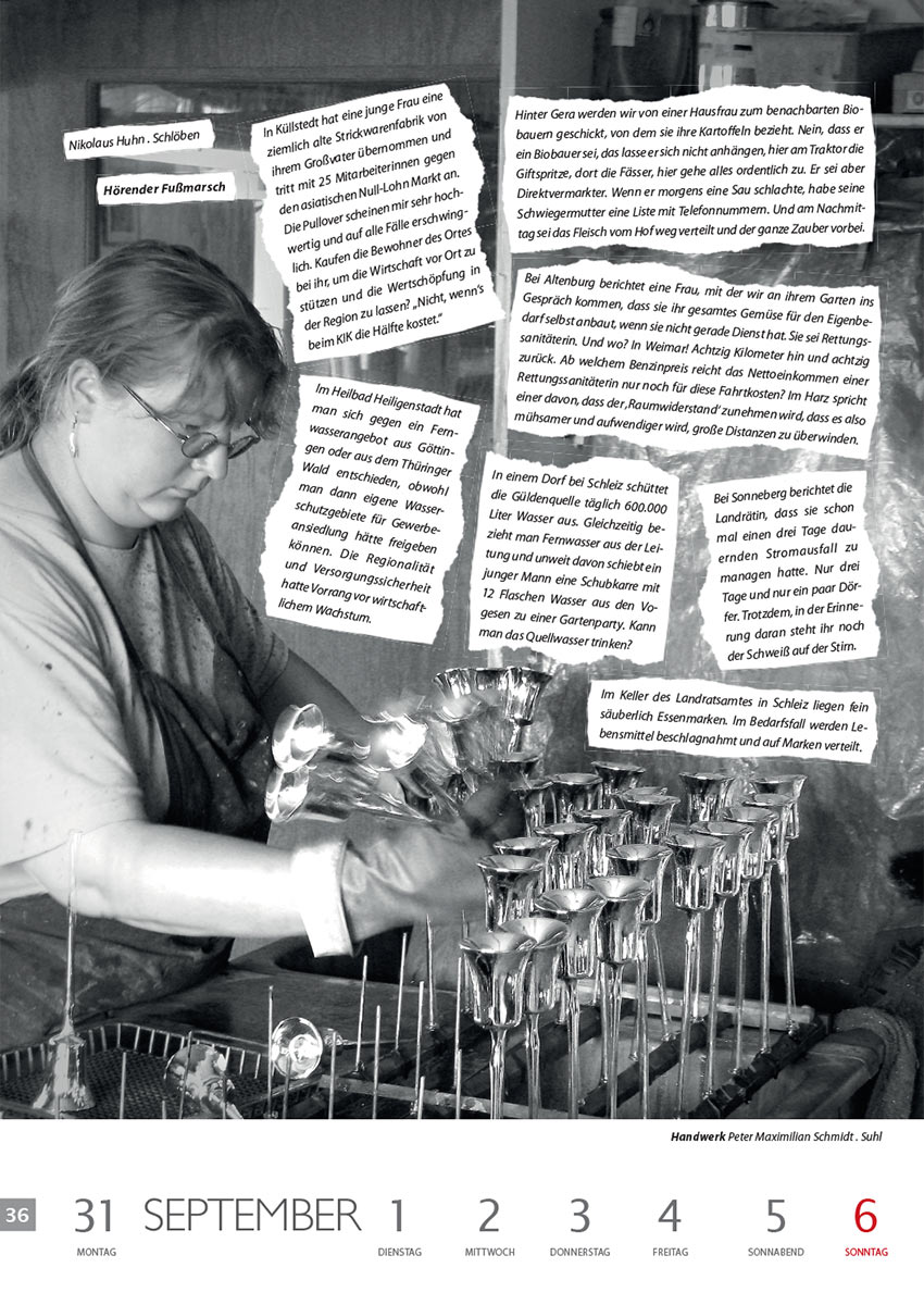 Hörender Fußmarsch (Texte: Nikolaus Huhn) | Handwerk (Foto: Peter Maximilian Schmidt) . Literaturkalender Thüringer Ansichten 2015