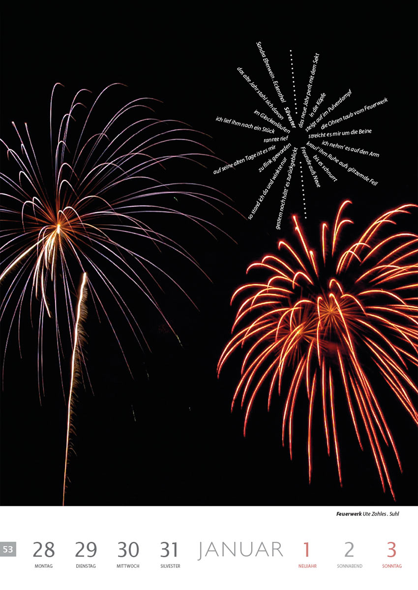 Silvester (Text: Sandra Eberwein) | Feuerwerk (Foto: Ute Zohles) . Literaturkalender Thüringer Ansichten 2015