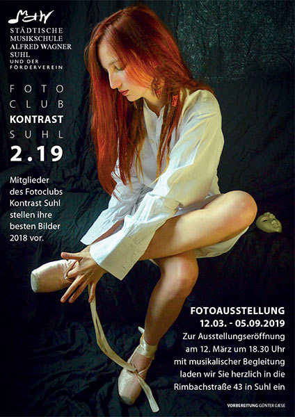 Plakat: Fotoausstellung Fotoclub Kontrast Suhl 2.19 . Musikschule Suhl 2019 (Foto: Günter Giese, Grafikdesign: Andreas Kuhrt)