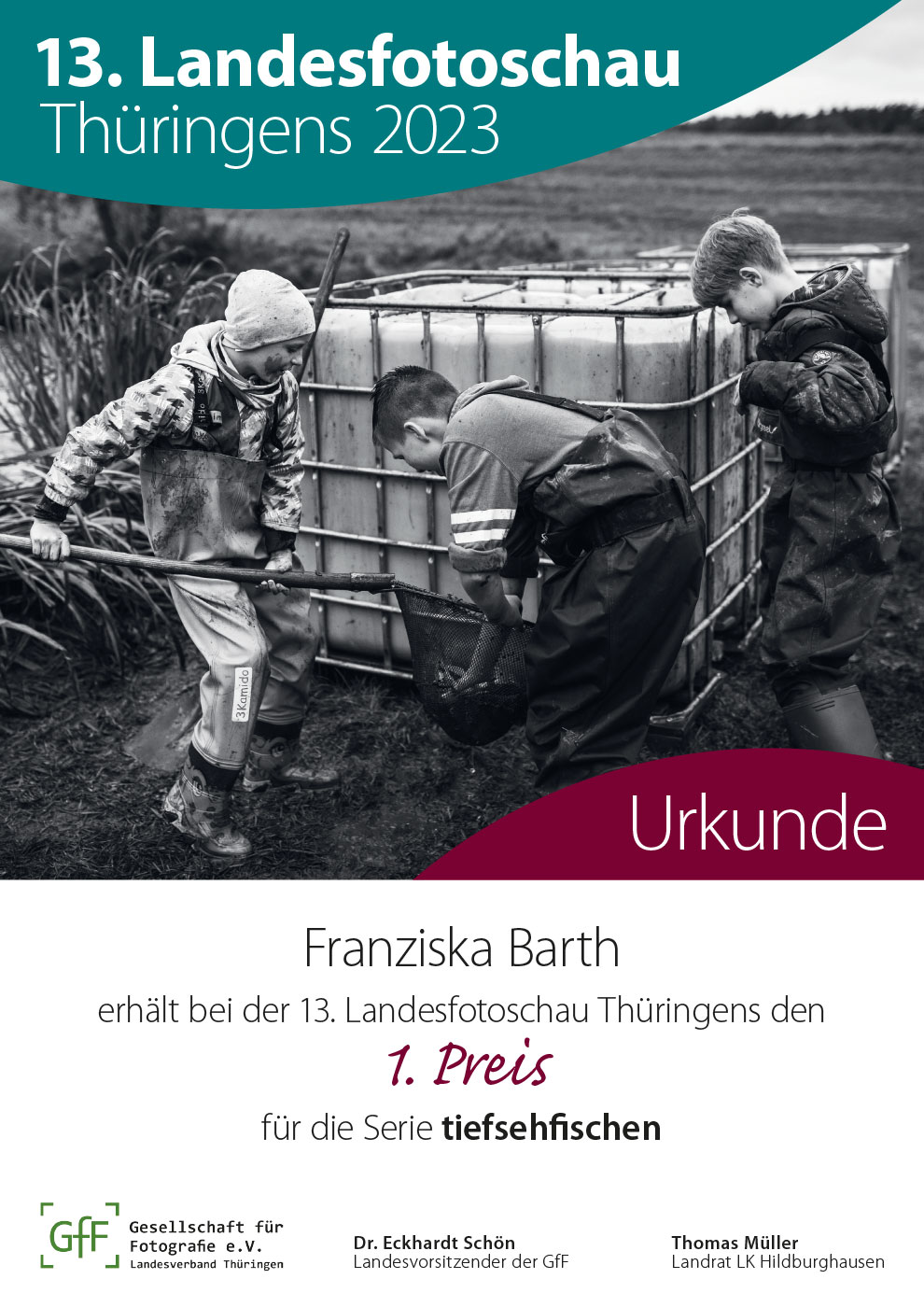 13. Landesfotoschau Thüringens: Urkunde 1. Preis: Franziska Barth "tiefsehfischen"