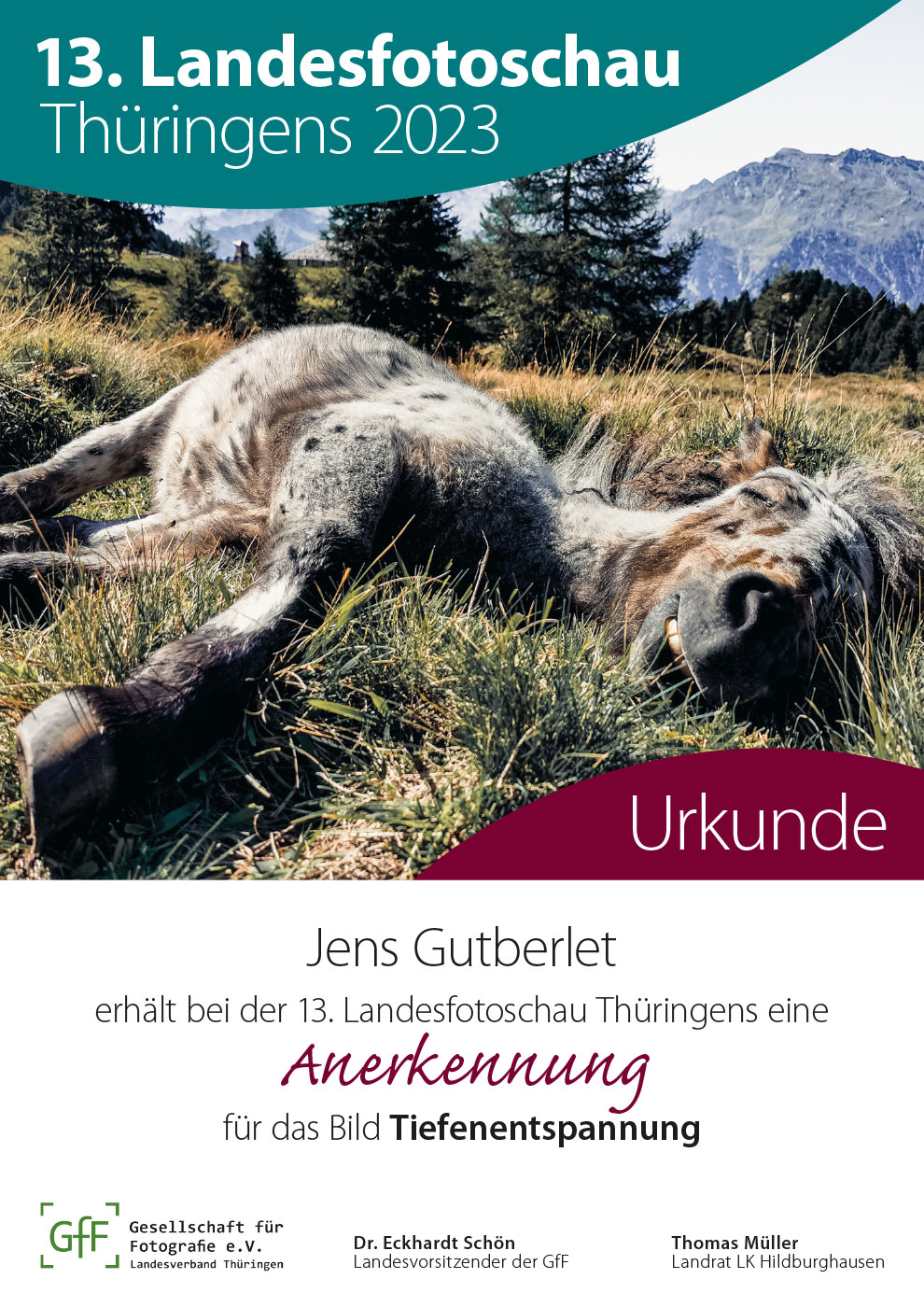 13. Landesfotoschau Thüringens: Urkunde Anerkennung: Jens Gutberlet "Tiefenentspannung"