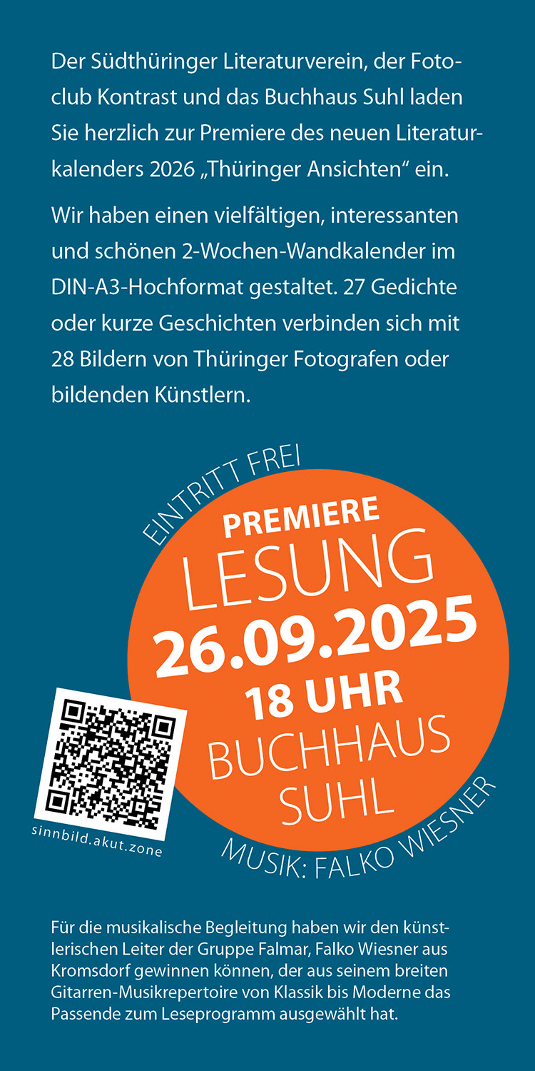 Literaturkalender Thüringer Ansichten 2026: Einladungskarte Premiere (Gestaltung: Designakut)