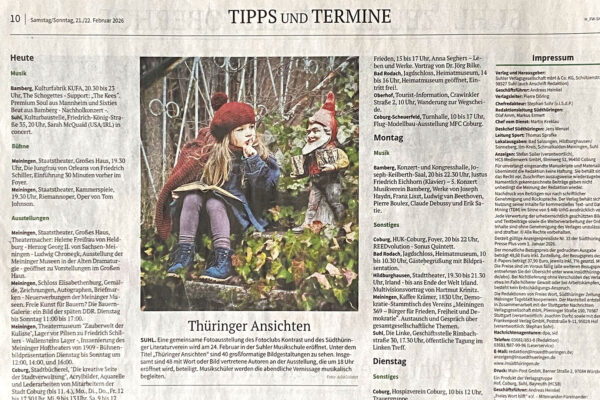 Freies Wort, 21.02.2026: Fotoausstellung Fotoclub Kontrast Suhl: Thüringer Ansichten, Musikschule Suhl (Eröffnung: 24.02.2026, 18 Uhr)
