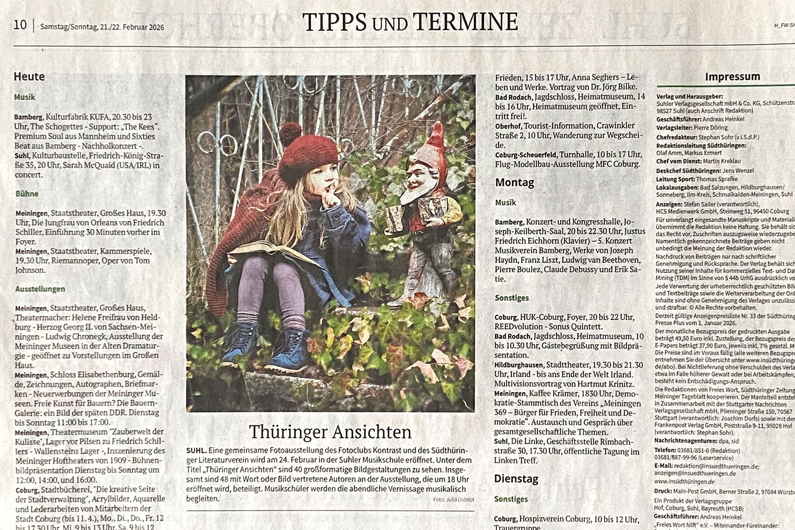 Freies Wort, 21.02.2026: Fotoausstellung Fotoclub Kontrast Suhl: Thüringer Ansichten, Musikschule Suhl (Eröffnung: 24.02.2026, 18 Uhr)