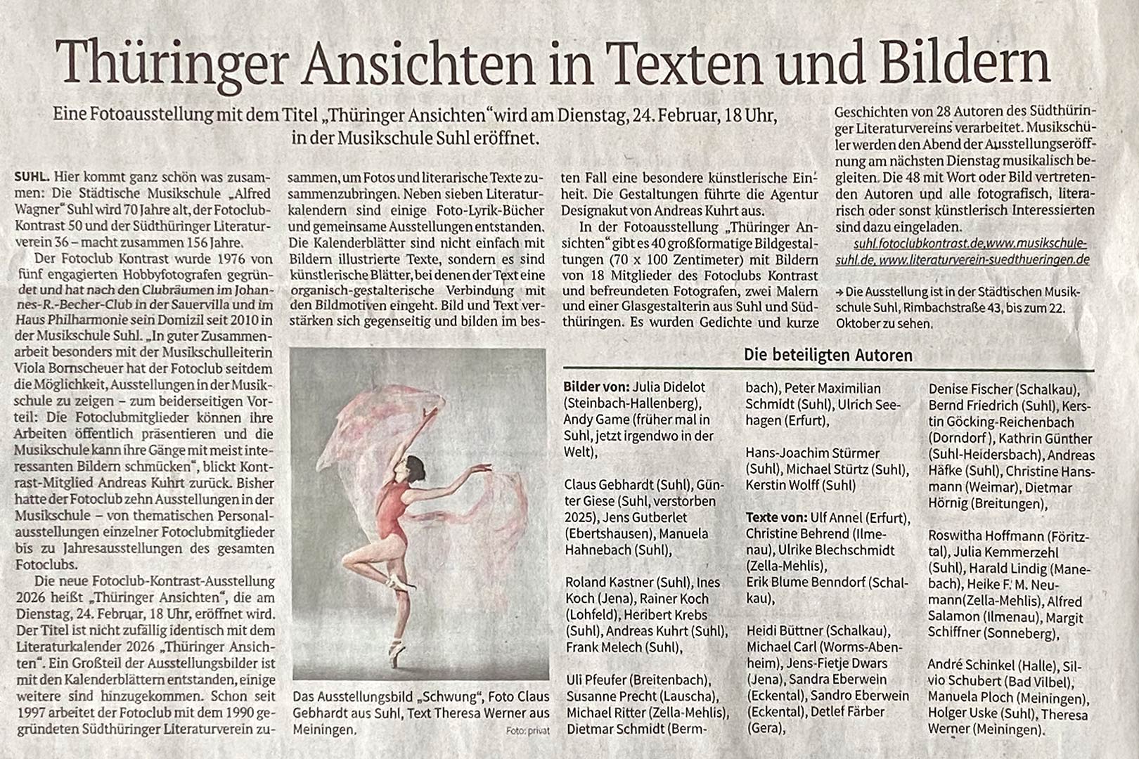 Freies Wort, 21.02.2026: Fotoausstellung Fotoclub Kontrast Suhl: Thüringer Ansichten in Texten und Bildern (Musikschule Suhl, 24.02.-22.10.2026)